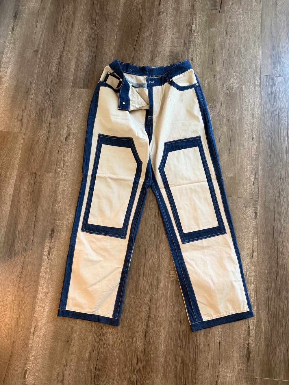 Women's House of Sunny Two-Tone Canvas Work Jeans - Cream with Navy Trim